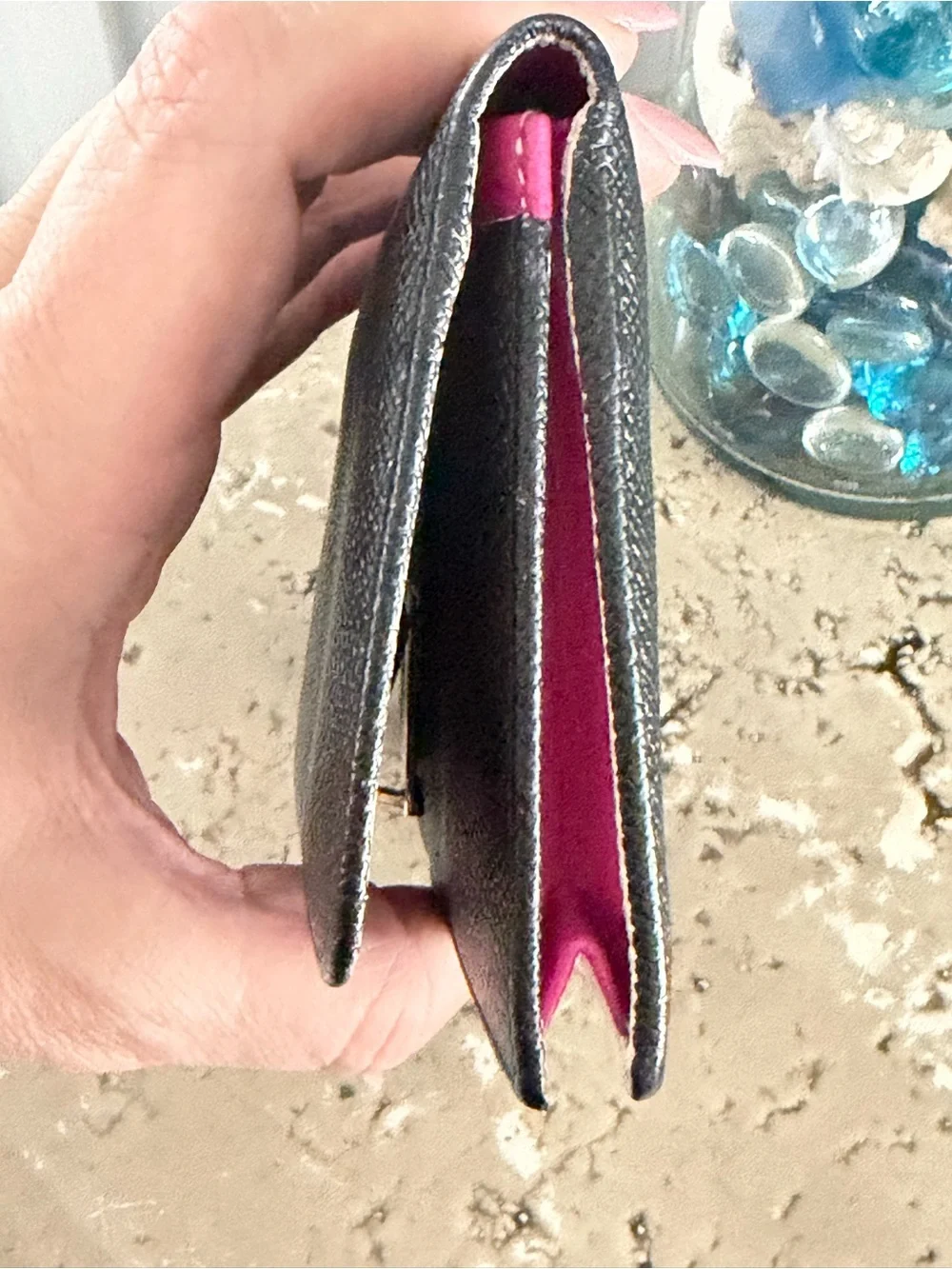 Authentic Bulgari Black Leather Wallet with Gold Clasp and Hot Pink Interior